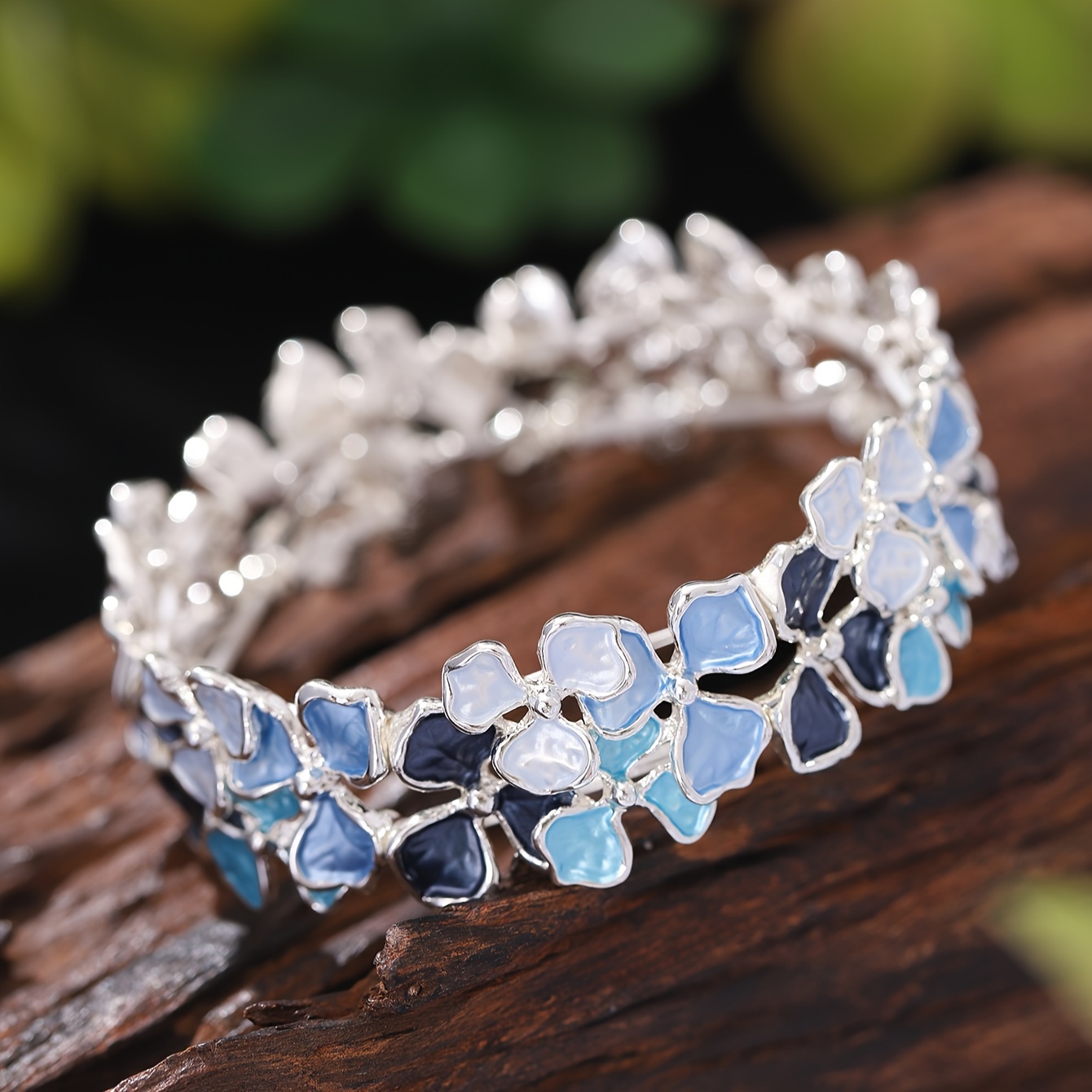 Elegant Hydrangea Enamel Flower Open Bangle, Adjustable